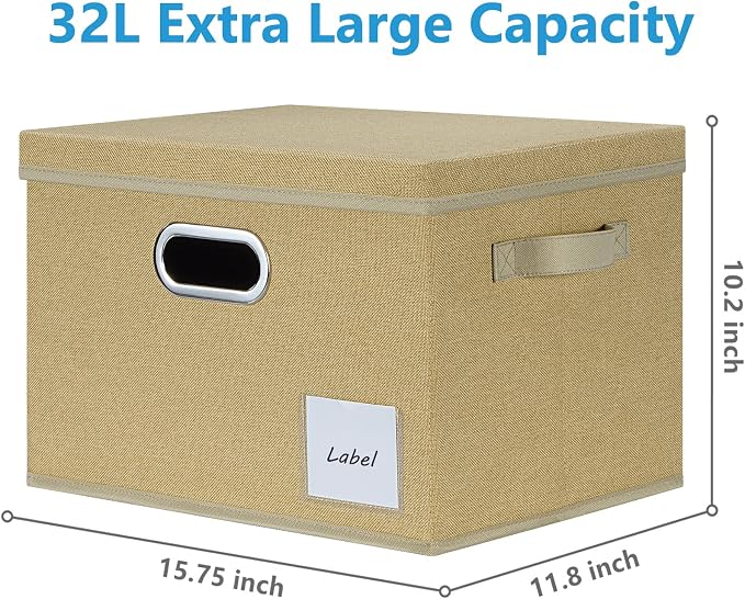 LHZK Extra Large Storage Bins with Lids 6 Pack, Foldable Linen Fabric Storage Boxes with Lids, Sturdy Fabric Storage Bins with Label & 3 Handles for Shelves Bedroom Home Office (Beige, Extra Large) - Image 2