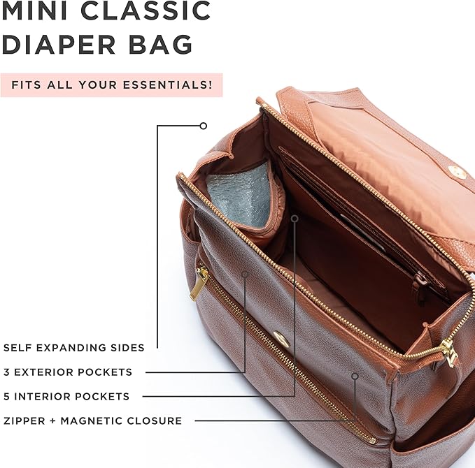 Freshly Picked Mini Diaper Bag II Backpack – Premium Vegan Leather Small Baby Bag without Changing Pad, Compact, Lightweight & Stylish for Moms On-the-Go, Cognac - Image 5