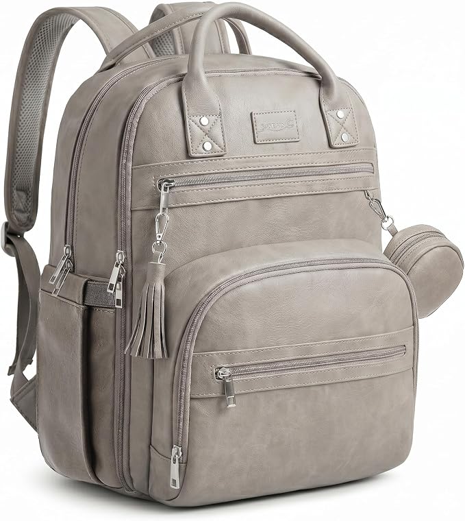 ROSEGIN Premium Vegan Leather Diaper Bag Backpack with Waterproof Changing Pad, Reinforced Zippers & Odor-Free, 20 Pockets Pro Organizer, Fits 15.6" Laptop, Stroller Straps, Baby Bag for Mom, Grey by ROSEGIN