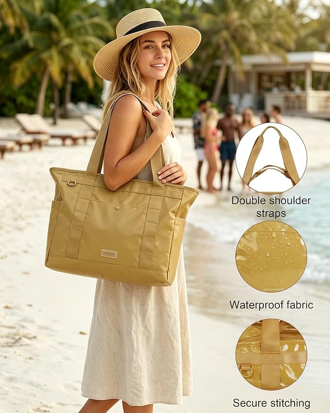 FHELAD Extra Large Glossy Tote Bag for Women, Beach Shoulder Bag 25L | Waterproof Sandproof, 15.6" Laptop Compartment, Luggage Strap, Work, Travel - Image 2