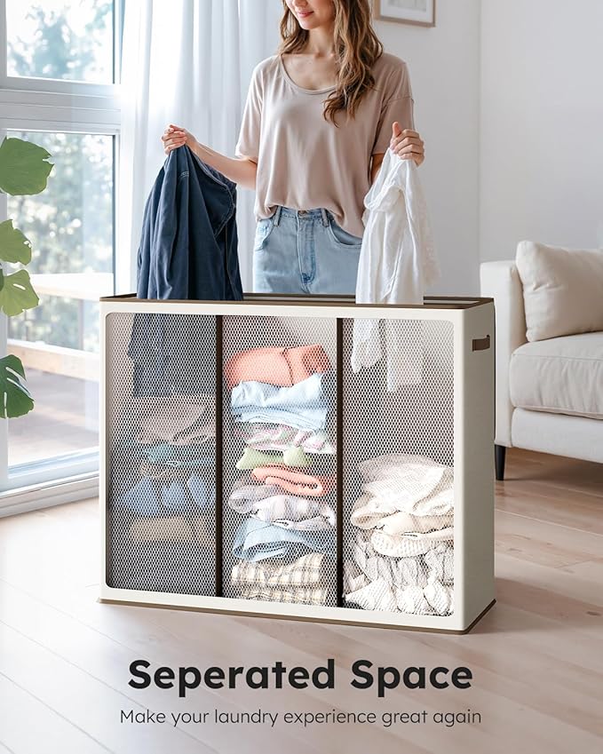 SOLEDI Large Laundry hamper 3 Section with Laundry Bag, XL Clothes Basket | 3-Section Large capacity Laundry Sorter with Odor-Blocking Lid, Robust Iron Frame & Waterproof 600D Fabric, 3 Washable Bags - Image 2
