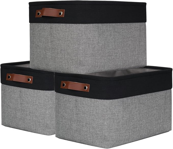 Storage Bins Large Fabric Storage Baskets for Shelves 3 Pack, Decorative Linen Closet Baskets with Handles for Organizing, Shelf, Clothes, Home, Office, 15x11x9.5Inches (Grey&Black) by Bagnizer