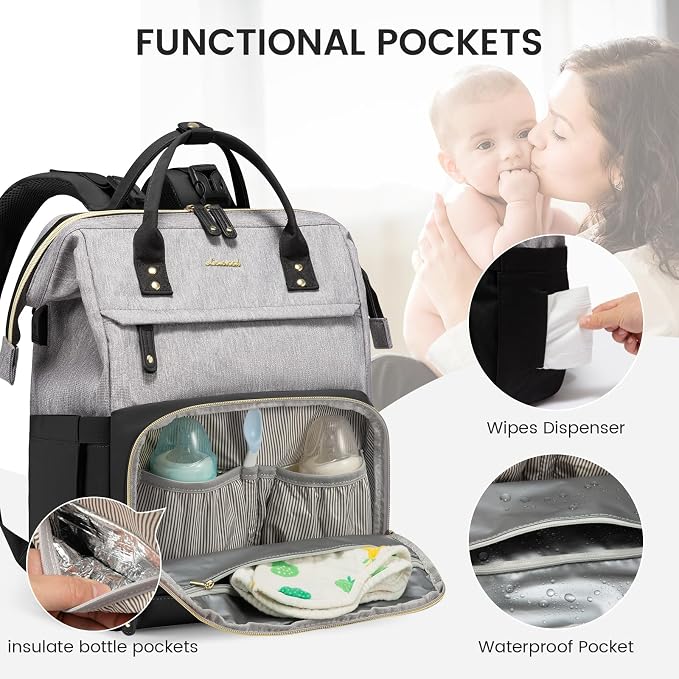 LOVEVOOK Diaper Bag Backpack, Baby Bag with Changing Station, Large Diaper Backpack for Mom Dads, Waterproof Leather Mommy Bag for Boy and Girl, Travel Essential Baby Shower, Black-Grey - Image 3