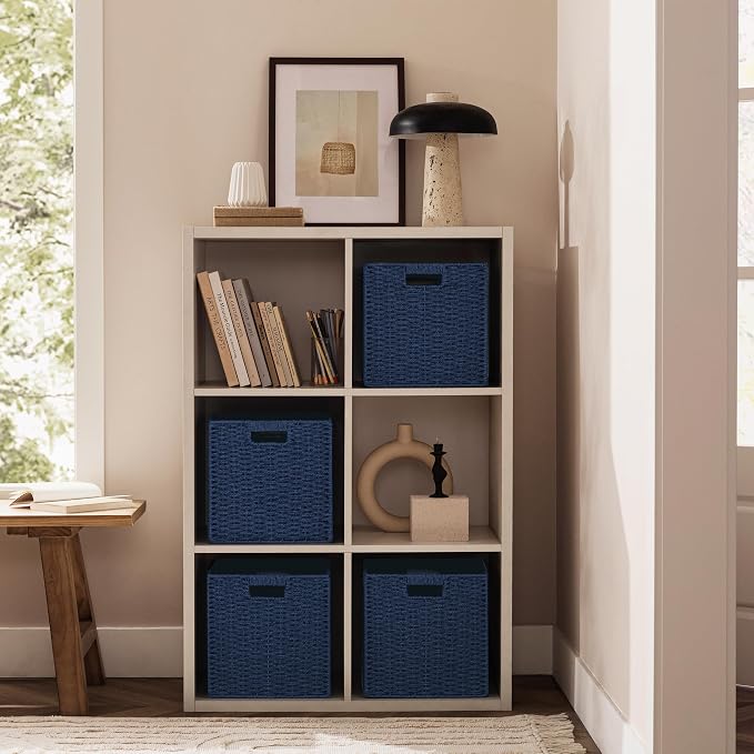 UBBCARE 3 Pack Wicker Basket, 11L×11H×10.5W inch Woven Paper Rope Storage Baskets for Shelves, Foldable Cube Storage bin with Handle, Storage Basket for Organizing & Decor, Navy Blue - Image 4