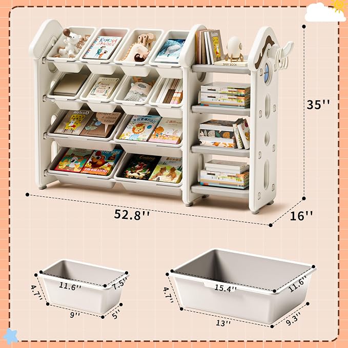 Pipleo Kids Toy Storage Organizer with 12 Removable Bins, Toy Organizers and Storage with 4-Tier Bookshelf for Kids Toy Storage Organizer (Beige) - Image 2