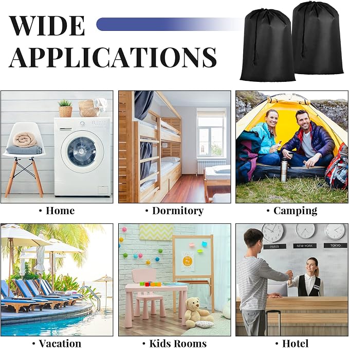 Woanger 12 Pack 28 x 45 Inch Extra Large Laundry Bags Bulk, Black | Washable Polyester, Drawstring Closure, For Clothes and Bedding, Foldable for College Dorms, Hotels, Camping and Travel - Image 8