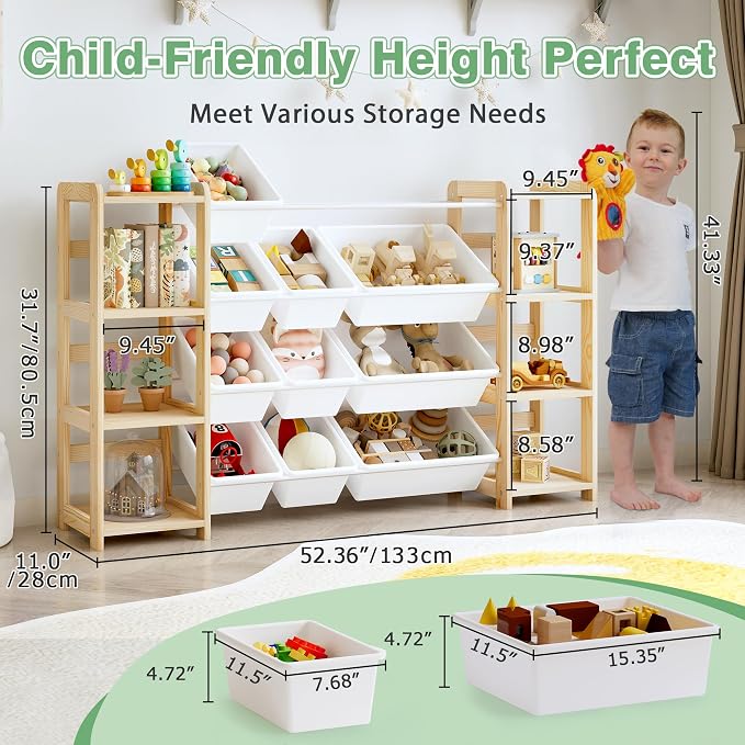 MallBest Extra Wide Toy Storage Organizer with Dual Bookshelves, Kids Wooden Shelf with 12 Removable Bins for Books, Toys, Playroom, Nursery, Bedroom, Natural, Large - Image 2