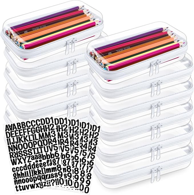 12 Pcs Clear Hard Zipper Case Back to School,7.48 x 3.94 x 2“ | Plastic Zipper Pouch with 5 Sheets Alphabet Stickers Toy Storage Organizer Makeup Case for Travel Building Blocks Puzzles by Qiyaz