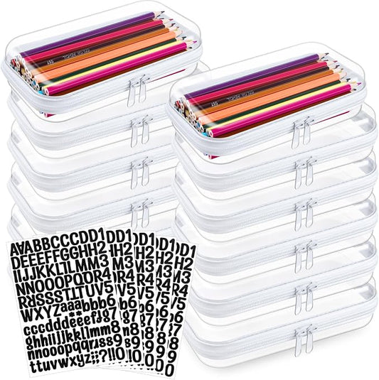 12 Pcs Clear Hard Zipper Case Back to School,7.48 x 3.94 x 2“ | Plastic Zipper Pouch with 5 Sheets Alphabet Stickers Toy Storage Organizer Makeup Case for Travel Building Blocks Puzzles by Qiyaz