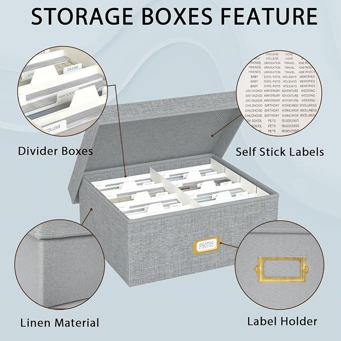 Decorative Photo Storage Box, Linen Photo Box Holds 1700 4x6 Pictures Grey | Photo Storage Containers with 8 Dividers, Memory Keepsake Organizer for Photos, Scrapbook Supplies, Cards, Stamps,Archive Box - Image 3