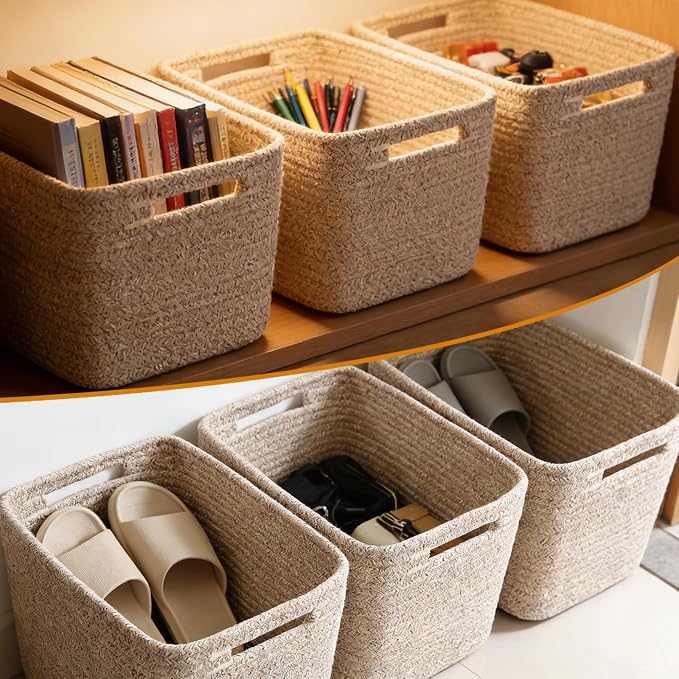 6 Pack Woven Rope Baskets, 12.6"×9"×7.8" Storage Bins, Brown | Storage Boxes for Toys, Books, Towels, Clothes, Shelf Baskets Organizer,Empty Gift Baskets for Living Room, Bathroom, Bedroom - Image 4
