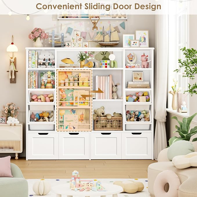 Toy Storage with Sliding Bookshelf, Toy Organizer with 4 Bins | 55.1’’ W Large Toy Storage Organizer Kids Bookshelf with 4 Movable Drawers, Toy Bins Playroom Storage for Kid Room, White - Image 5