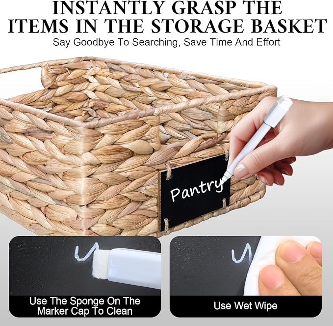 Set of 4 Sizes Hand-Woven Pantry Shelf Baskets, Hyacinth Storage Baskets with Chalkboard Labels & 2 Chalk Markers, Wicker Nestable Shelf Basket Set for Organizing Pantry Laundry Shelves - Image 5