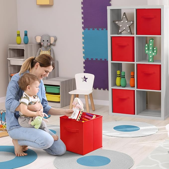 Sorbus Foldable Storage Cubes - 6 Fabric Baskets for Organizing Pantry, Shelf, Toy Box, Cubby, Closet Organizer - 11 Inch Collapsible Closet Organizers and Storage Bins - Red Storage Cubes with Handle - Image 2