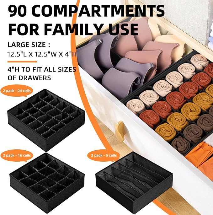 6 Pack Sock Underwear Drawer Organizer Dividers - Dresser Organizer for Baby Clothes - Closet Organizers and Storage for Bedroom Essentials for Dorm Room/New Home/Apartment (Black) - Image 2