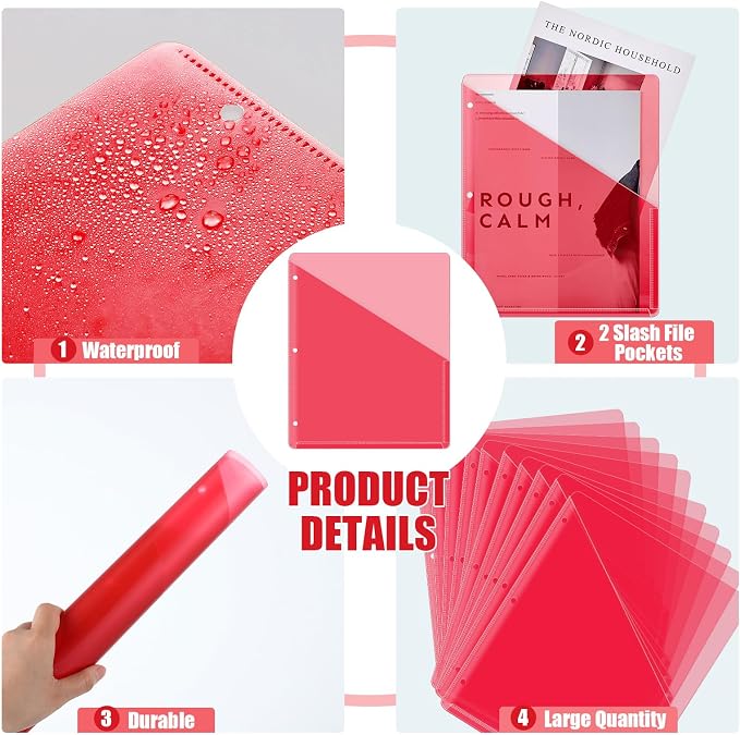 Seajan 100 Pcs Binder Pocket Folders, Clear 3 Ring Binder, Red | Plastic Folders Sleeves with 2 Pockets, Poly Slash File Jackets, 3 Hole Punched Dividers for School, Office, Documents - Image 3