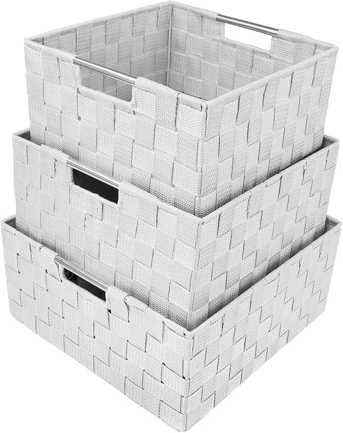 Sorbus Storage Box Woven Basket Bin Container Tote Cube Organizer Set Stackable Storage Basket Woven Strap Shelf Organizer Built-In Carry Handles (White) - Image 2