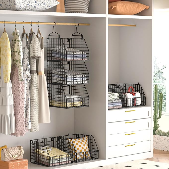 PUPPYCUTE Larger & Deeper Hanging Storage Basket, Closet Organizers and Storage, Hanging Shelves Wire Baskets for Clothing Sweaters Purse Handbags Shoes Black 3 Tier - Image 2