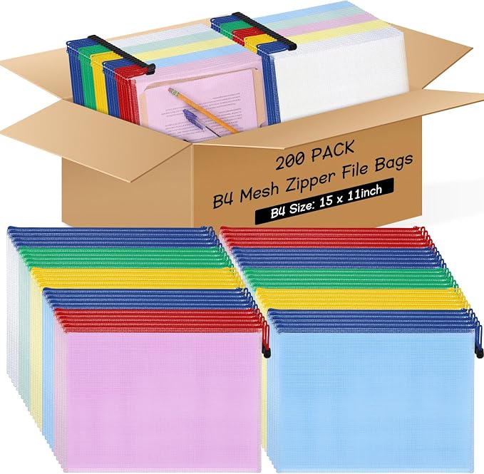 200 Pcs B4 Mesh Zipper Pouch Bags, Mesh Bags with Zipper Bulk, Vibrant | Waterproof Document Zipper Pouches, Reusable Storage Bags for School Office Classroom Organization Board Games Puzzle by Zhehao