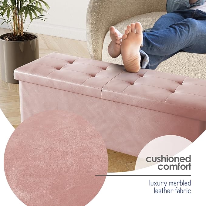 Storage Ottoman Bench with Bins, 43-in Storage Bench for Bedroom End of Bed, Folding Foot Rest Ottoman for Living Room Max 660lbs, Leather Ottomans, Pink - Image 7