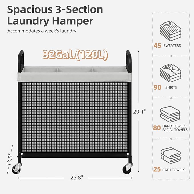 STORAGE MANIAC Rolling Laundry Hamper with Wheels 3-Section Laundry Sorter Rolling Laundrys Basket on Wheels with Removable Bag Clothes Hamper Laundrys Organizer Cart Bathroom Bedroom 120L Grey - Image 3