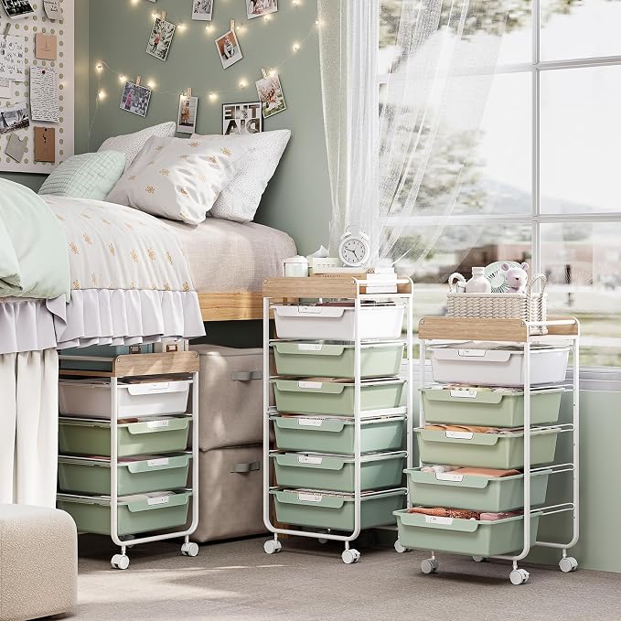 SYKIARIOL Rolling Cart with 6 Drawers,Art Craft Organizer and Storage,Green | Utility Storage Cart with Drawers,Makeup Organizer With Wooden Tabletop - Image 9