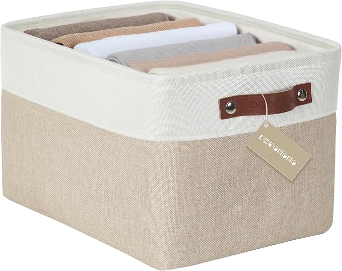 DECOMOMO Storage Bins, Large Fabric Storage Baskets for Shelves 1 Pack | 15 x 11 x 9.5 inches Decorative Linen Closet Organizers (Beige & White) by DECOMOMO