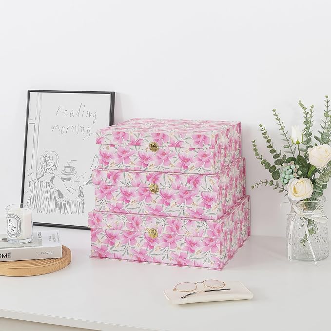 Soul & Lane - Pink Floral Boxes with Gold Hardware, Set of 3, Garden Blush | Stacking Keepsake Boxes with Lids for Home Decor and Organizing, Large Elegant Cardboard Gift and Memory Storage - Image 3
