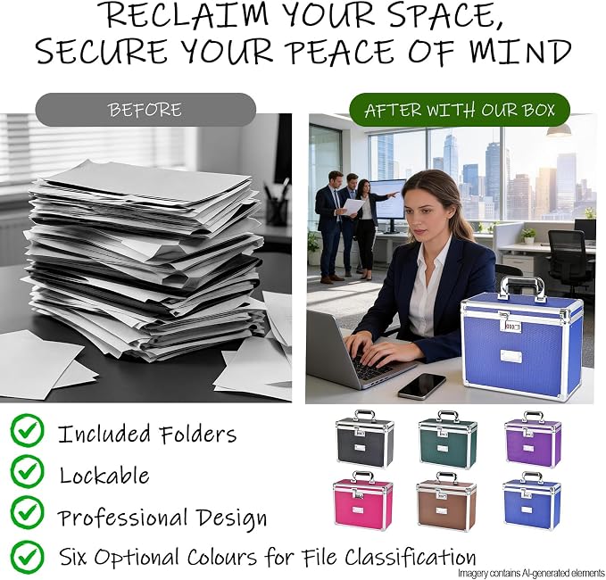 Hanging File Box for Letter, All-in-one set with 10 Folders | Portable Locking Filing Storage Box with Handle & Shoulder strap, Lockable File Cabinet Documents Safe, Lockbox Doc Organizer - Image 7
