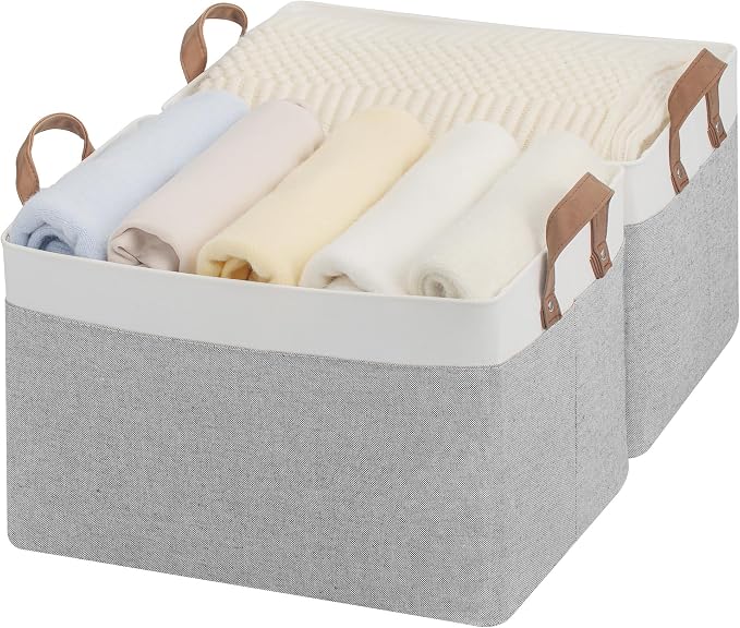 StorageWorks Fabric Storage Bin, Closet Bins, Gray and White, Large, 2-Pack | With Reinforced PU Handles, Metal Frame, Collapsible, Storage Basket for Shelves, Closet, Holds Clothes, Towels, Blankets by StorageWorks