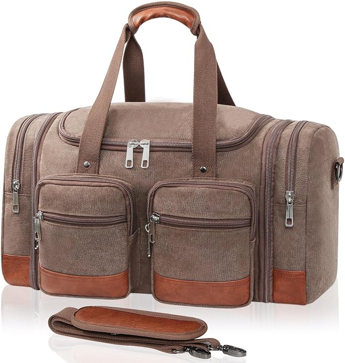Canvas Duffle Bag For Travel, 50L Expandable Carry on Overnight Travel Duffel Bags with Laptop Compartments Weekend Gym Bag for Men(Coffee) by Unknown