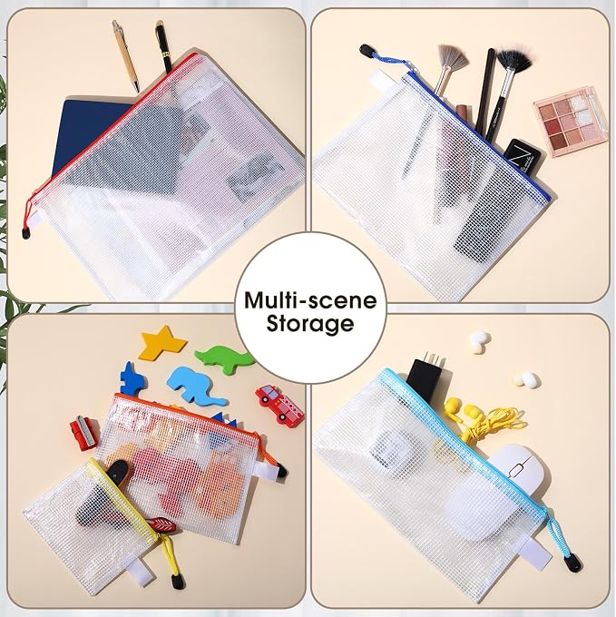 Kisston 100 Pcs Mesh Zipper Pouch Bags Bulk, 8 Sizes Plastic Zipper Bags, 8 Colors Waterproof File Pouches for Organization, Multipurpose Travel Pouches for Travel, Office, Board Game - Image 4