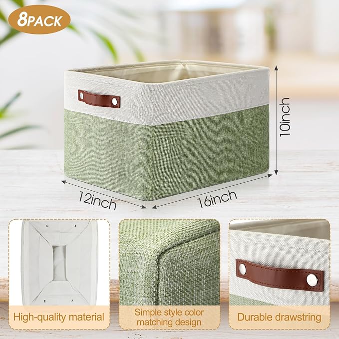 Uiifan 8 Pack 16 x 12 x 10 Inch Large Storage Baskets Collapsible Fabric Storage Cubes Bins with Handles for Shelves Closets Nursery Home Clothes Toys Organizers, Green - Image 2