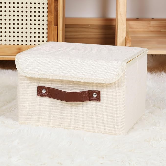 ANMINY Fabric Storage Box Bins with Lids, Beige, 10"x8"x7", 4 Pack | Keepsake Memory Storage, Cotton Linen, PP Board Reinforced, Washable, PU Handles, Foldable & Stackable, Decorative, Small - Image 5