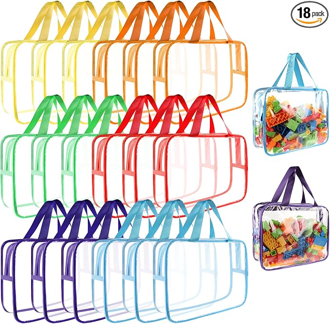 18 Packs Large Toy Storage Bags with Labels, 6 Colors Clear PVC Toy Storage Organizer with Zipper, Waterproof Reuseful Clear Organizer Bags for Building Blocks, Puzzles, Kids Books, Board Game by MBJZSL