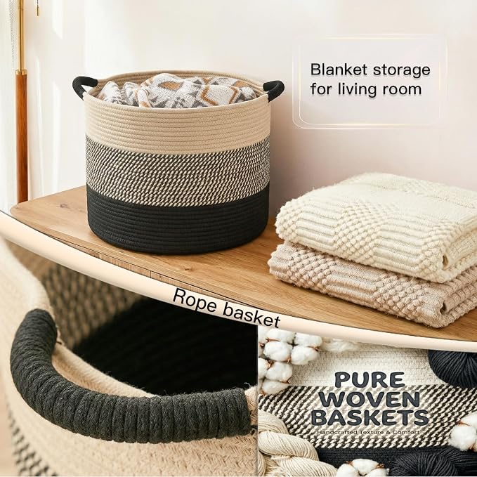 Artfeel 100L Large Cotton Rope Basket, Decorative Woven Blanket Storage for Living Room, Boho Toy Storage & Toy Box for Kids, Versatile Laundry Basket & Nursery Hamper for Blankets(BlackBrown) - Image 5