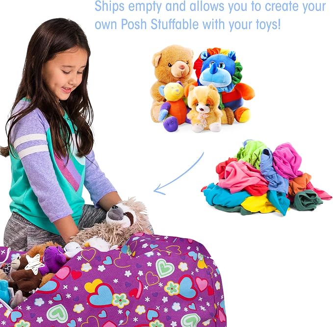 Posh Creations Stuffable Kids Stuffed Animal Storage Bean Bag Chair Cover - Childrens Toy Organizer, Large-38 - Canvas Multi-Colored Hearts on Purple - Image 2