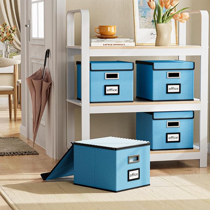 File Organizer Box with Lids, Collapsible File Folder Organizer | File Box with Plastic Slides for Document, Filing Bin for Letter Size Hanging File Folders (2 Pack, Sky-blue) - Image 2