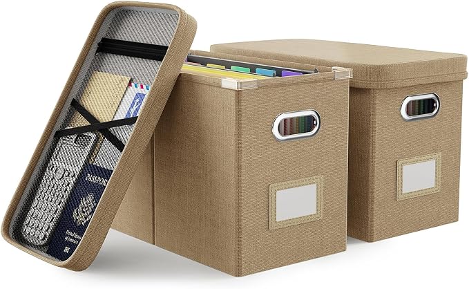 Hanging Filing File Box with Mesh Pocket, File Organizer Box with Lid, Collapsible Document Organizer Box for Letter Size, Easy Slide Durable Storage Box for Office/Decor/Home (2 PCS, Khaki) by Oterri
