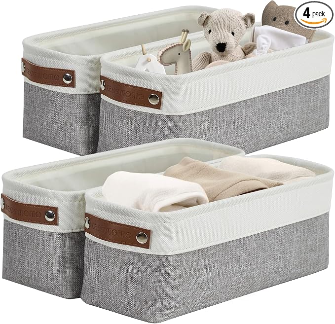 DECOMOMO Narrow Storage Bins, Small Storage Baskets for Shelves 4 Pack | Baskets for Organizing Bathroom, Toilet Tank, Gifts (Grey and White) by DECOMOMO