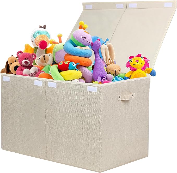 122L Large Toy Box Chest Storage with Lid, Collapsible Kids Toy Storage | Toy Chest with with Removable Divider for Kids, Boys, Girls, Nursery, Living Room, Bedroom, 26"x17" x17" (Linen Beige) by popoly