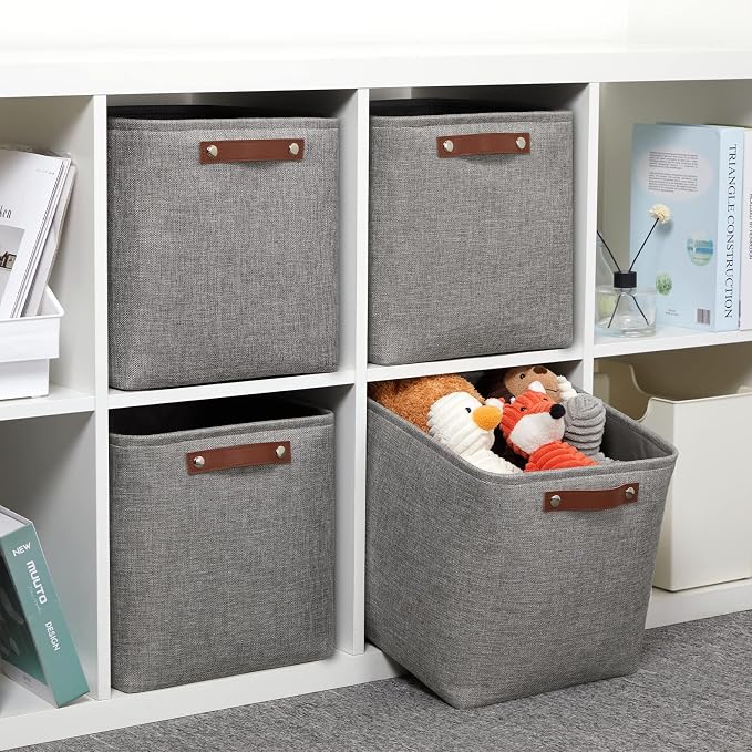 DULLEMELO 12 inch Cube Storage Bins, Large Collapsible Grey Storage Baskets for Square Cubes Organizing, Fabric Boxes Bins for Shelves Nursery Home Office Storage(4 Pack - 12" Grey) - Image 4