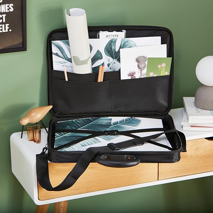 Artway A3 Art Portfolio Case - Art Storage Folder with Carry Handle/Shoulder Strap, Internal/External Pockets and Internal Securing Strap (No Rings) - Black - Image 2