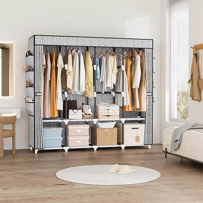 Portable Closet for Hanging Clothes, 67 Inch Wide Portable Wardrobe Closet with Cover, 4 Hanging Rod, Storage Shelves and Side Pockets, Large Free Standing Closet for Bedroom, Printing - Image 7