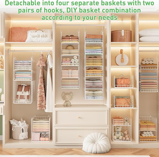 6 Tier Hanging Closet Organizers and Storage, 4 Hooks 2 Adjustable Dividers | Stackable Hanging Closet Shelves, Wire Storage Basket Bins for Clothing Purse Sweaters Shoes Socks Dolls, Foldable - Image 6