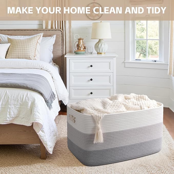 OIAHOMY Large Blanket Basket, 22”x17”x12” Rectangle Woven Baskets, Nursery Blanket Storage Living Room, Toy Storage With Handle, Large Baskets for Organizing-Gradient Grey (Pack of 2) - Image 9