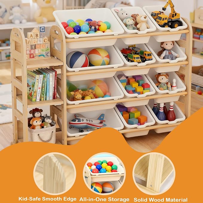 Toy Storage Organizer, Wooden Toy Organizers and Storage with Bookshelf, Toy Storage Shelf with 3 Shelves and 12 Storage Bins, Kids Bookshelf for Playroom, Nursery, Bedroom, Bookcase for Kids, White - Image 5