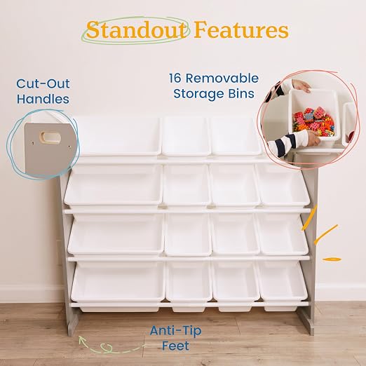 ECR4Kids 4-Tier Organizer with 16 Removable Plastic Bins, 4x4, Toy Storage, Grey/White | Durable plastic bins, MDF panels, steel frame, GREENGUARD Gold Certified, 60 lb capacity, anti-tip kit, playroom/classroom - Image 6