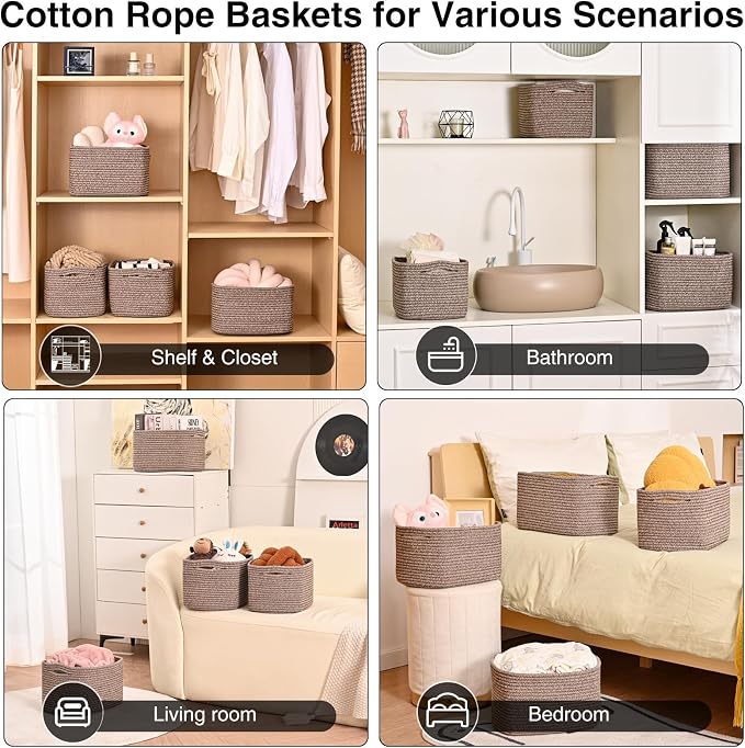 Small Storage Baskets for Organizing Shelves, Cotton Rope Basket for Storage, Cute Rectangular Book Toy Basket, 12.7"×9.1"×7.9", 4 Packs, Dark Brown - Image 4