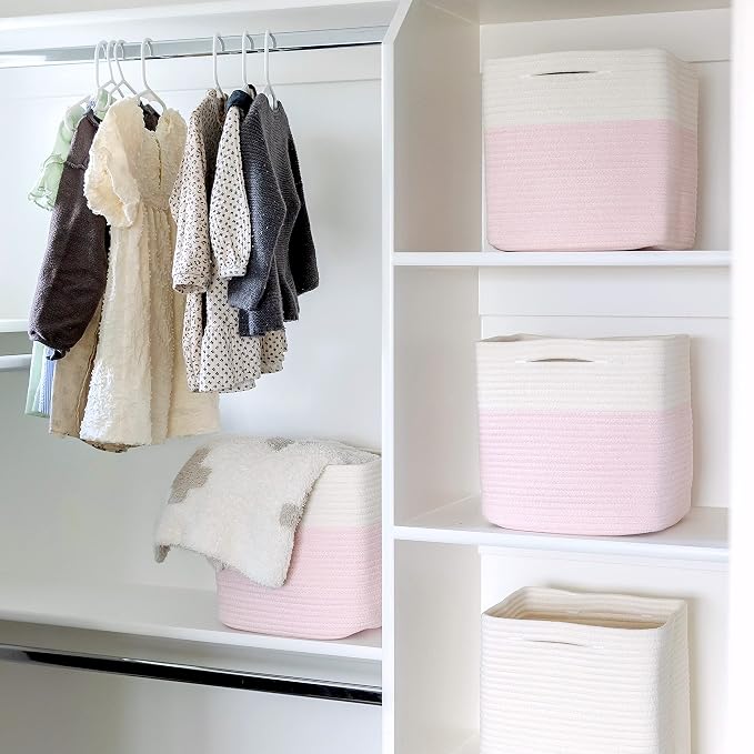 NaturalCozy 13 Inch Cube Storage Bins Cotton Rope Woven Baskets for Organizing 3-Pack | 13 x 13 Storage Cubes | Fabric Square Storage Baskets for Shelves Organizer, Kids Toy Bins, Closet Baby Nursery - Image 5